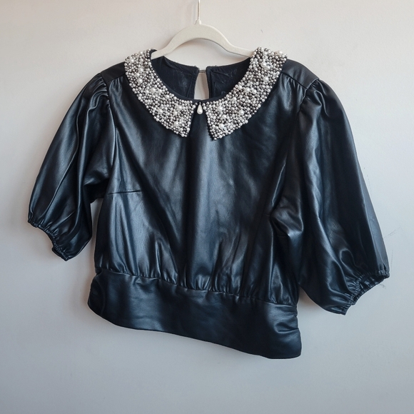 Anthropologie Maeve Faux Leather Puff-Sleeve Blouse - Picture 7 of 10